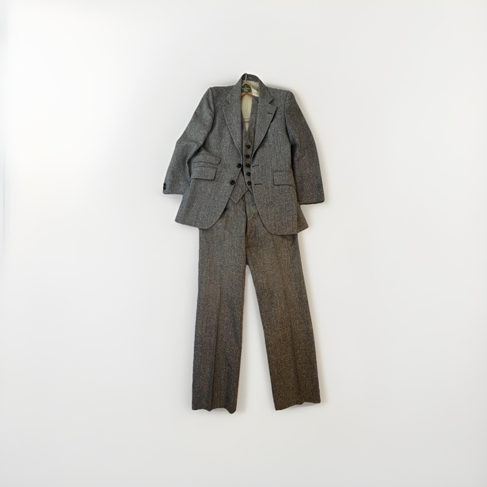 Vintage Michael Novarese 3 Piece Suit 70s Flecked Wool Tweed 38 Donegal Gray